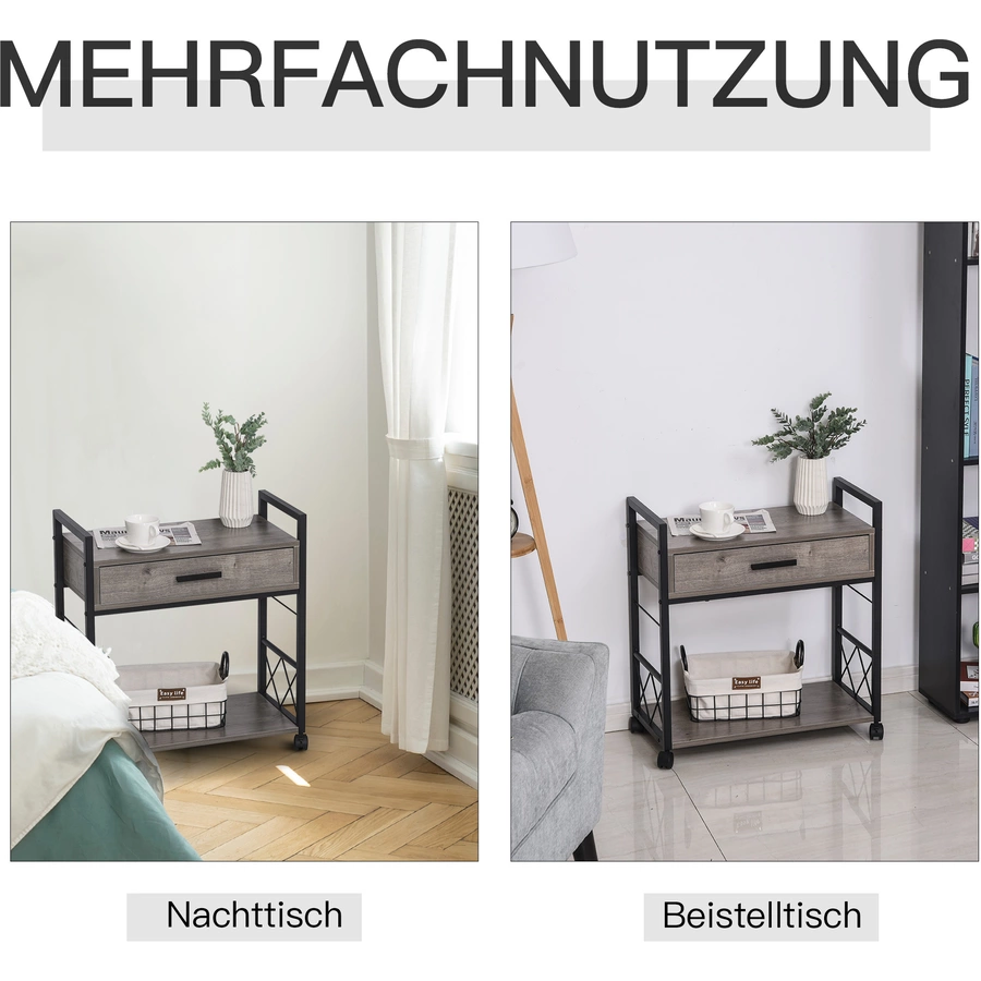 HOMCOM Mobiler Beistelltisch mit Schublade grau