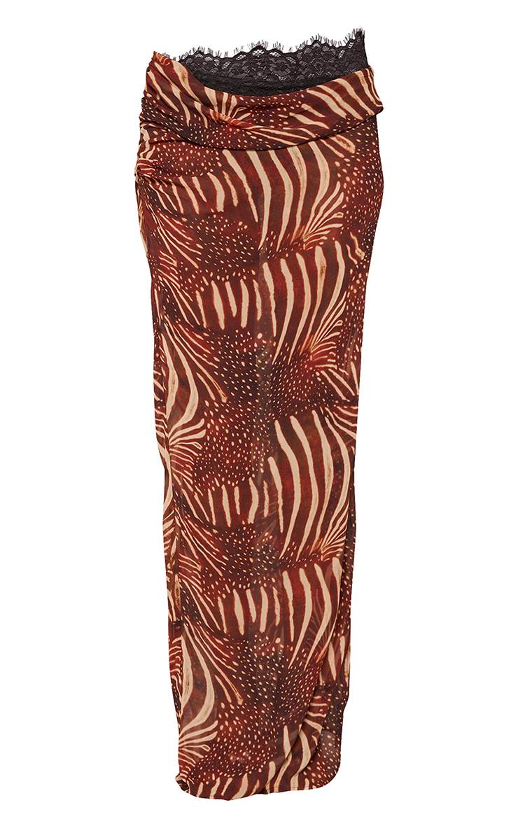 Marron Ensemble Jupe Longue Coordonnée En Mousseline Imprimé Abstrait Avec Détails En Dentelle
