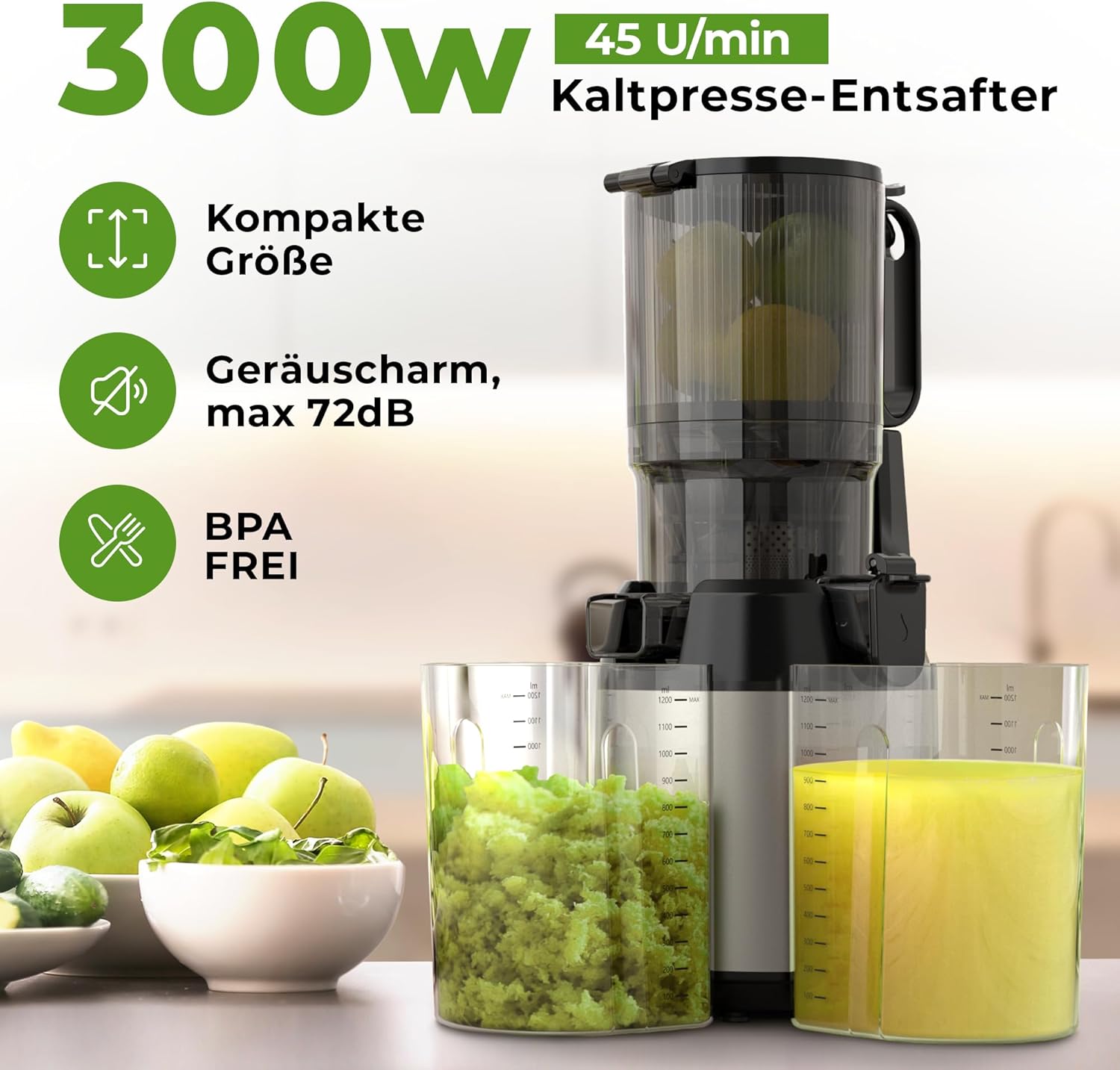 Balter Entsafter Slow Juicer, Große 135MM Öffnung, 300 Watt, Entsafter für Gemüse und Obst, Früchte, Saftpresse, BPA Frei, leise