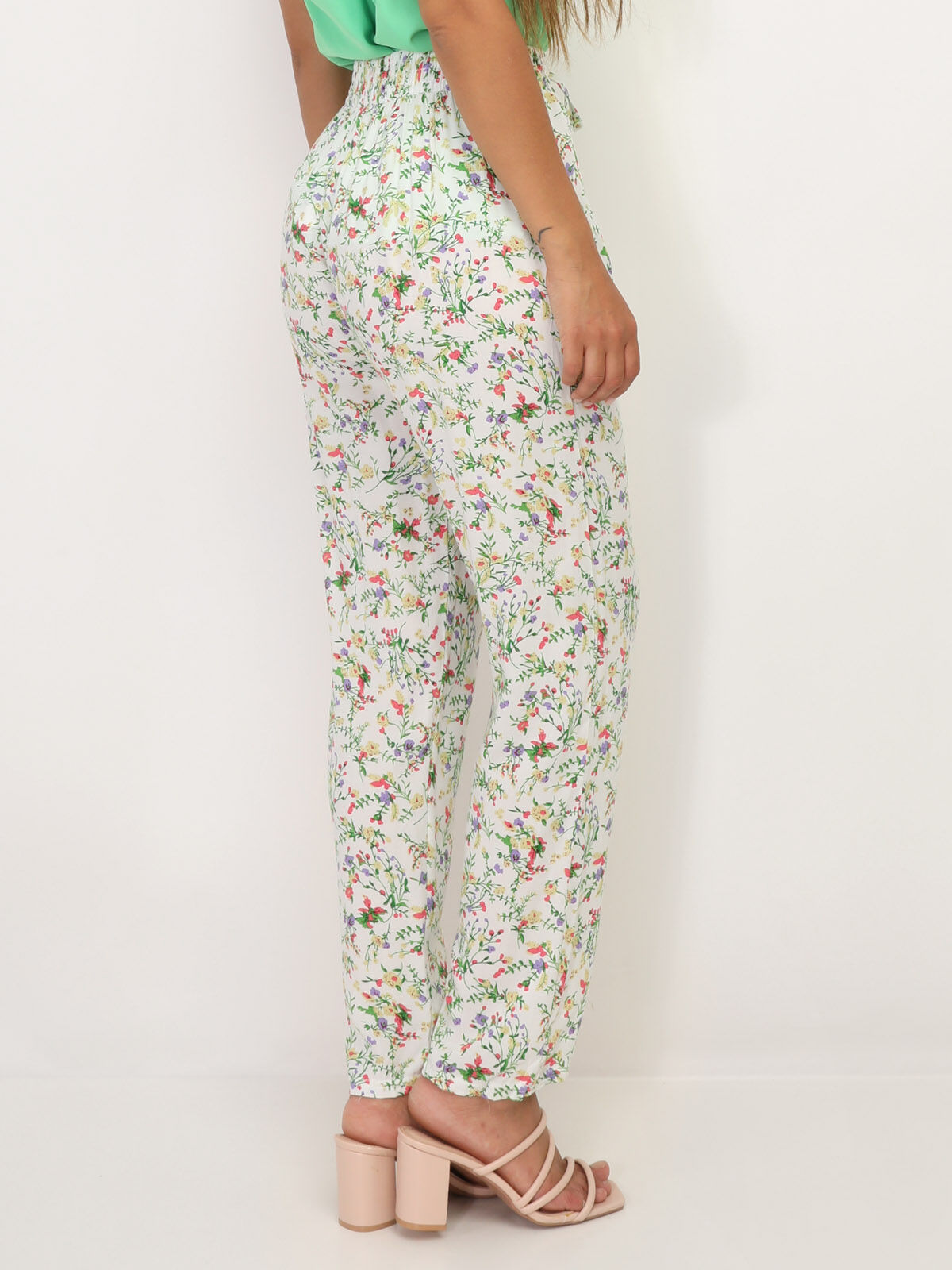Pantalon léger à motif fleurs- Blanc