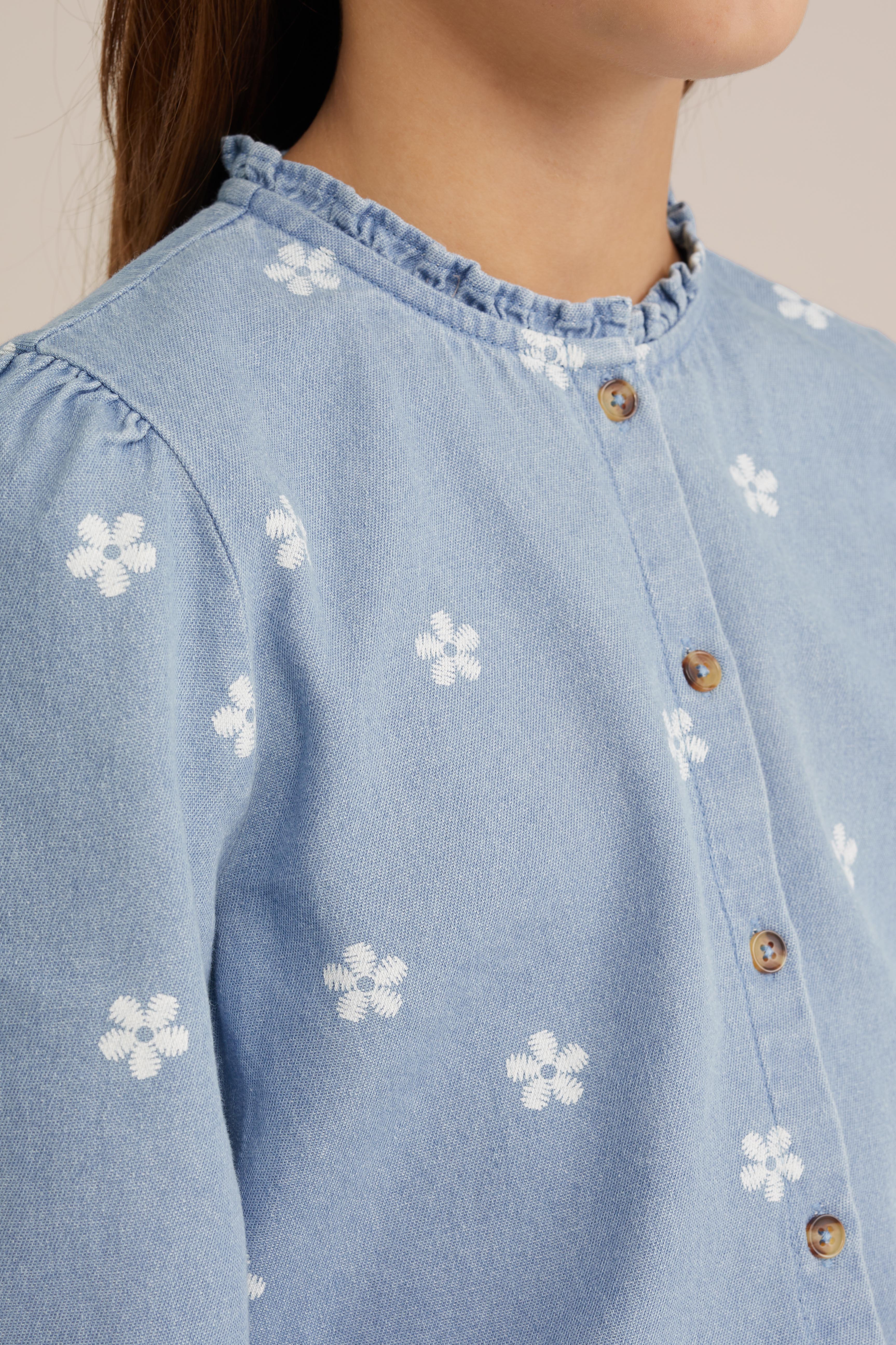 Meisjes denim blouse met dessin Blue Ridge Lichtblauw