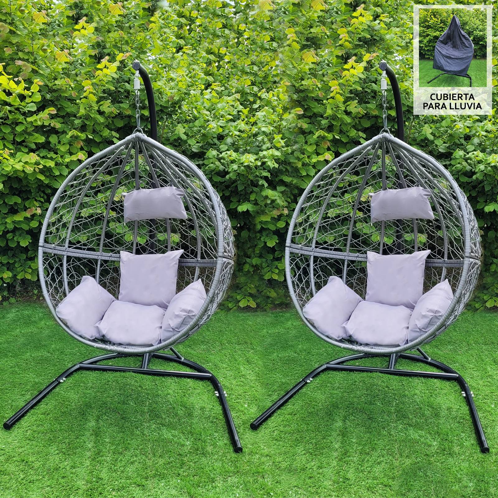 Conjunto de 2 cadeiras suspensas em rattan, modelo Egg Chairs, para uso interno e externo, na cor cinza | com almofadas