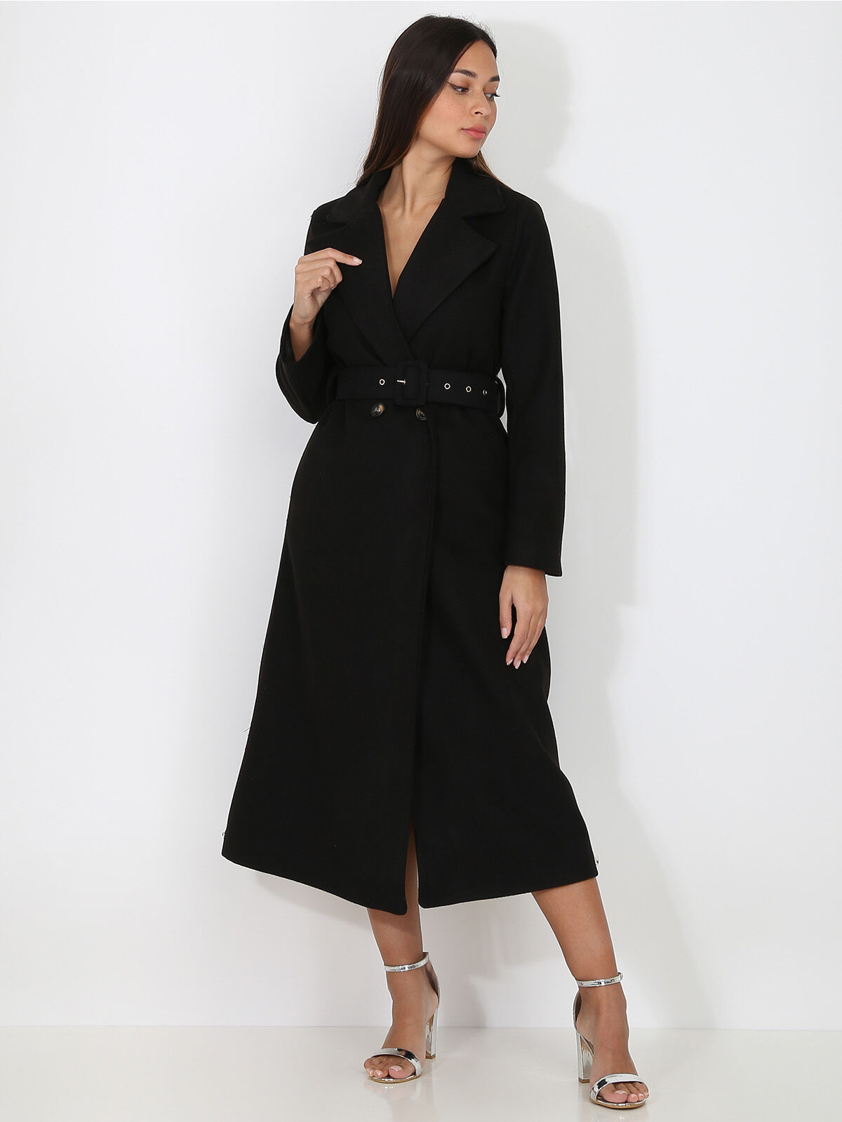 Manteau mi-long croisé et ceinturé- Noir
