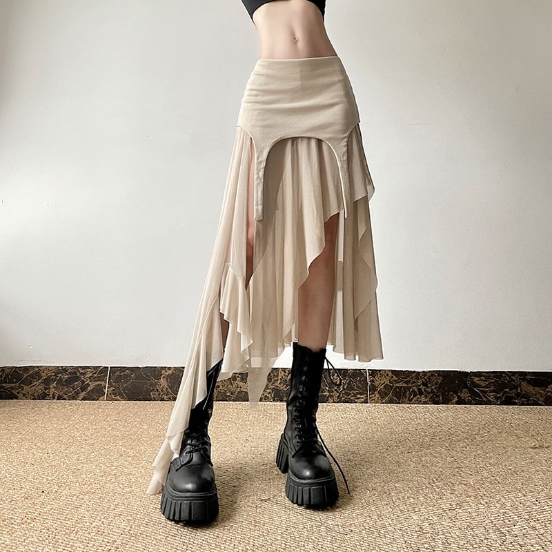 Sugarcoat - A-lijn rok met effen, asymmetrische panelen en mesh, middelhoge taille