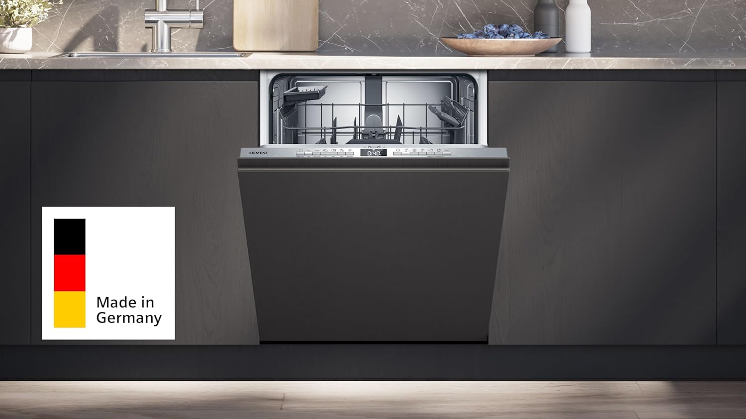 Siemens SN63EX27AE, iQ300, Smarter Geschirrspüler 60 cm Vollintegriert, Made in Germany, Besteckkorb, varioSpeed, automatische Türöffnung, hohe Hygieneleistung, Automatikprogramme, Gebürsteter Stahl