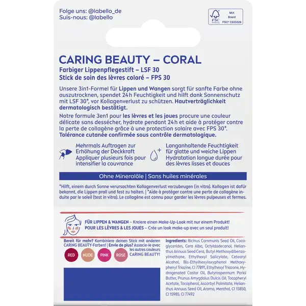 Lippenpflegestift Caring Beauty Coral LSF 30