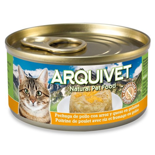 Ração úmida Arquivet para gatos, sabor peito de frango e arroz com queijo.