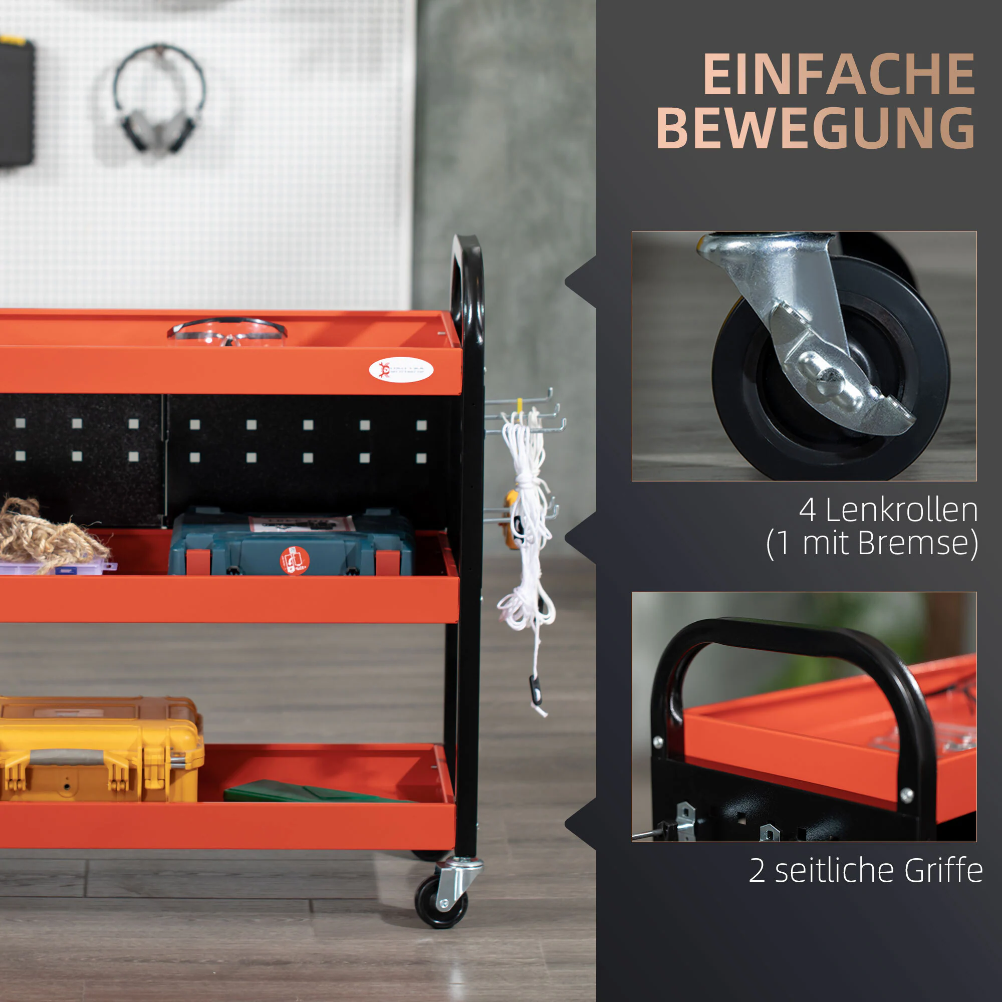 DURHAND Werkstatt-Rollwagen mit 3 Regalen rot 75L x 35B x 80H cm