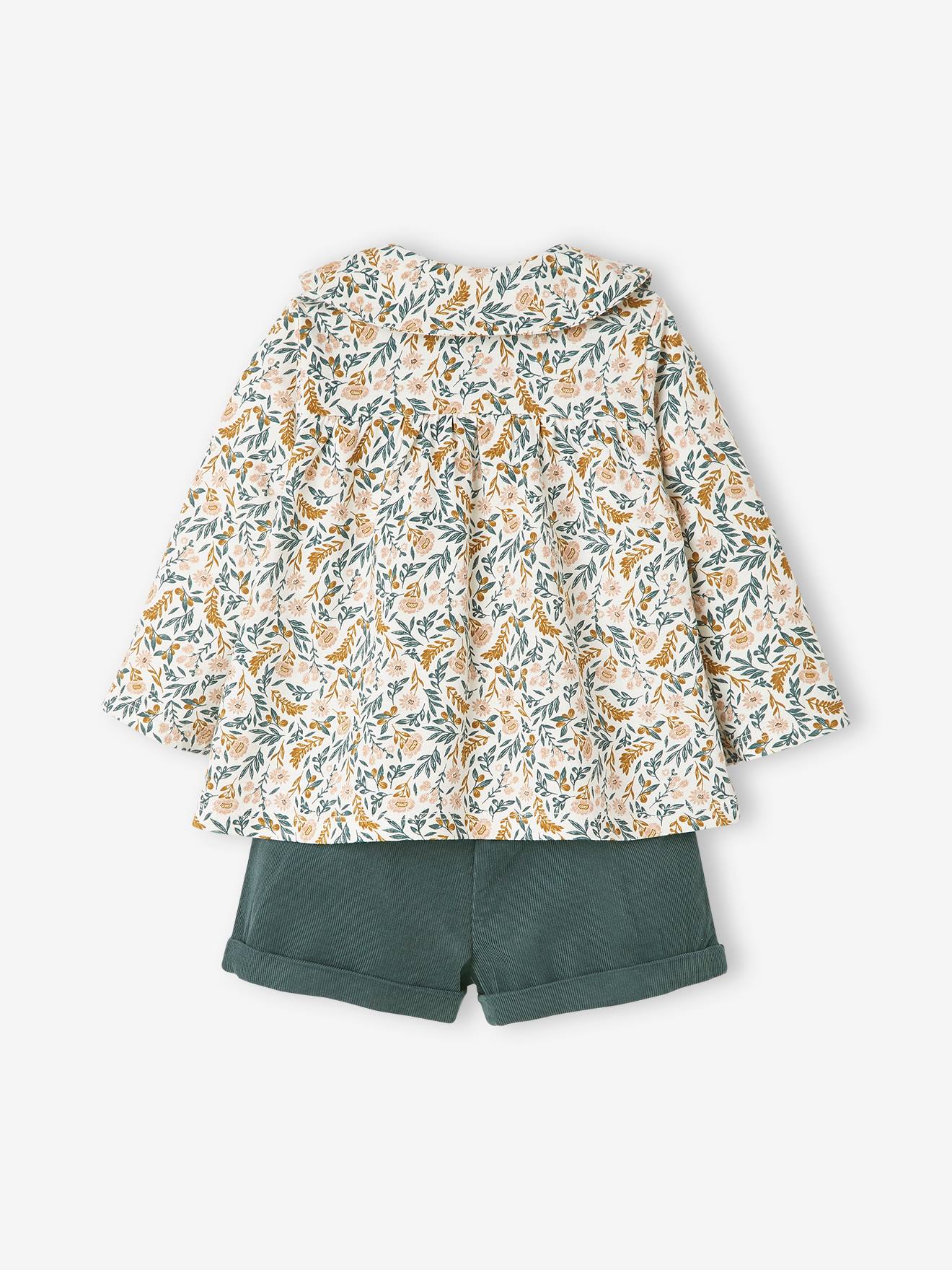 Conjunto de 3 peças para bebê menina, camiseta, shorts de veludo cotelê e faixa de cabelo, verde escuro liso.