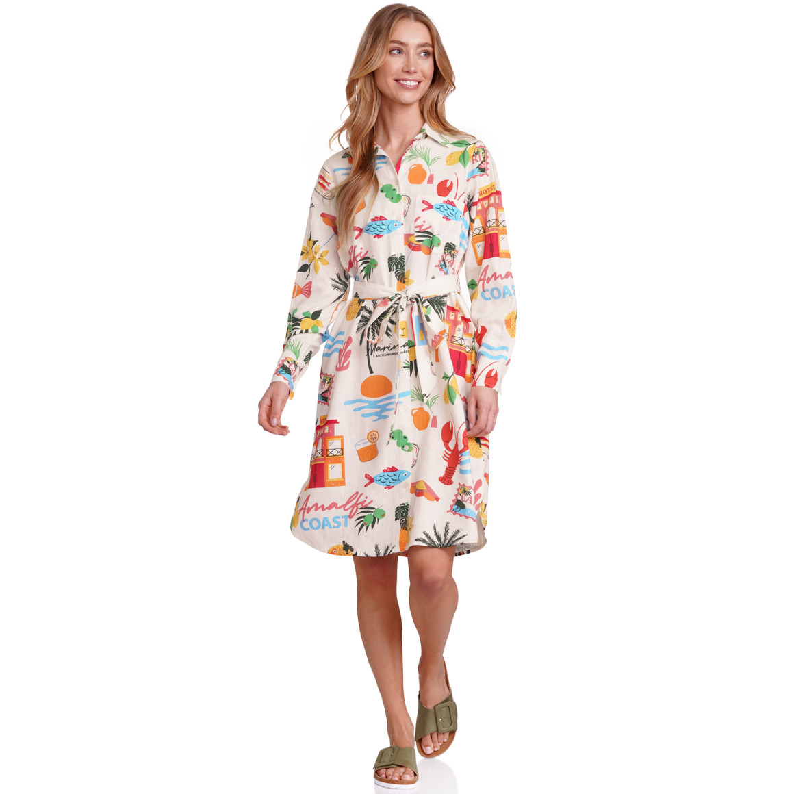 Jonas Nielsen Damen Leinen-Hemdkleid mit Urlaubs-Allover creme / bunt