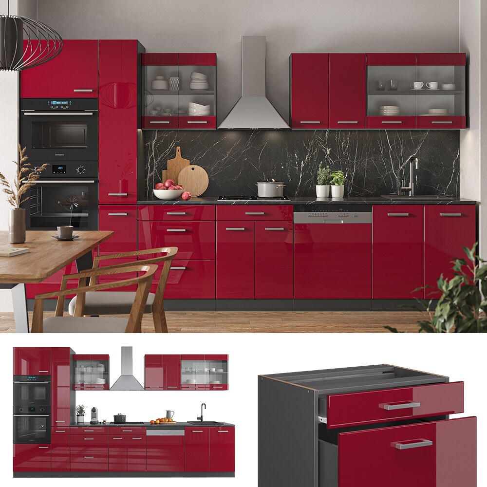 Vicco Küchenzeile Küchenblock Einbauküche R-Line 350 cm Anthrazit Bordeaux Hochglanz Küche