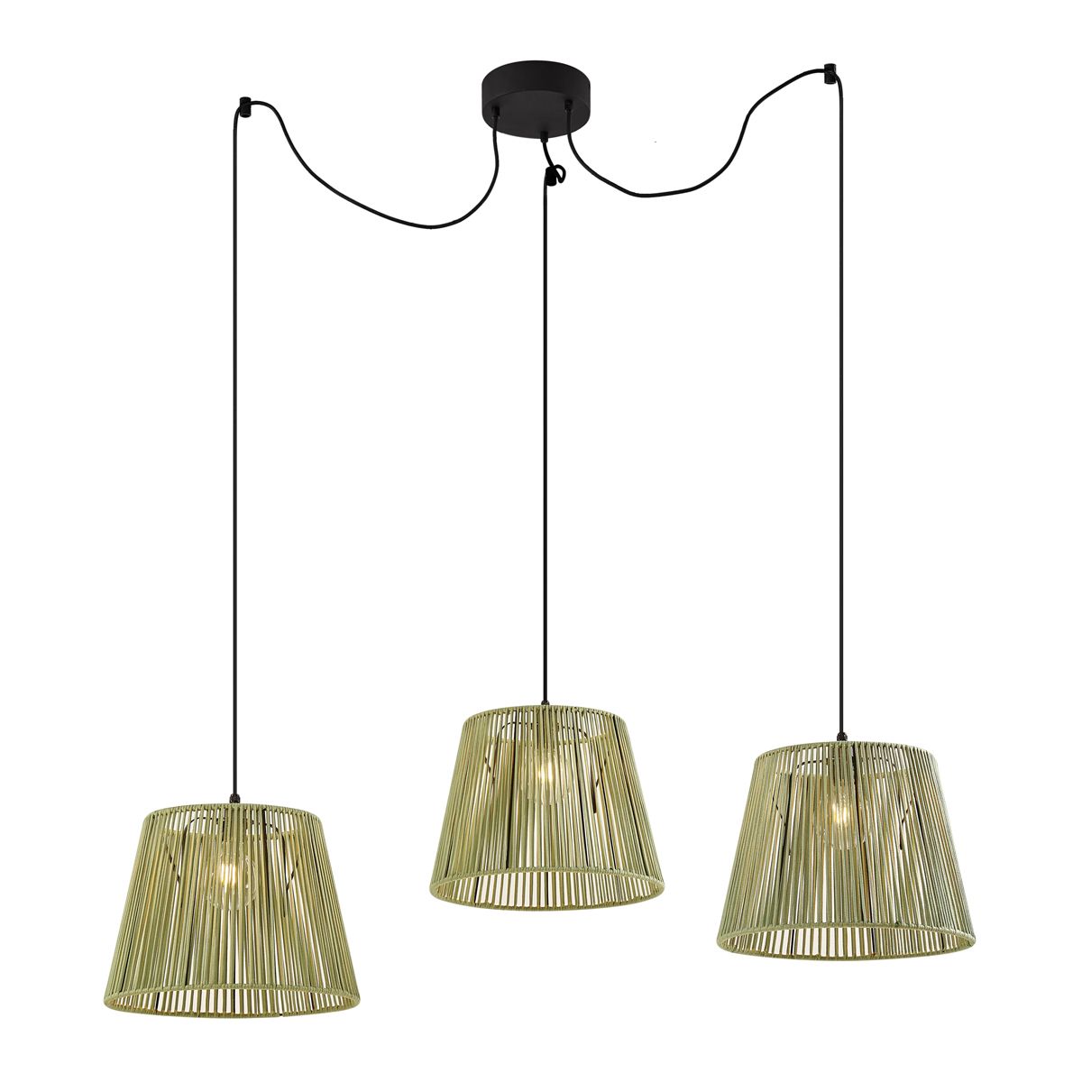 Buiten hanglamp zwart met groene kappen van touw 3-lichts IP44 - Cava Jayla