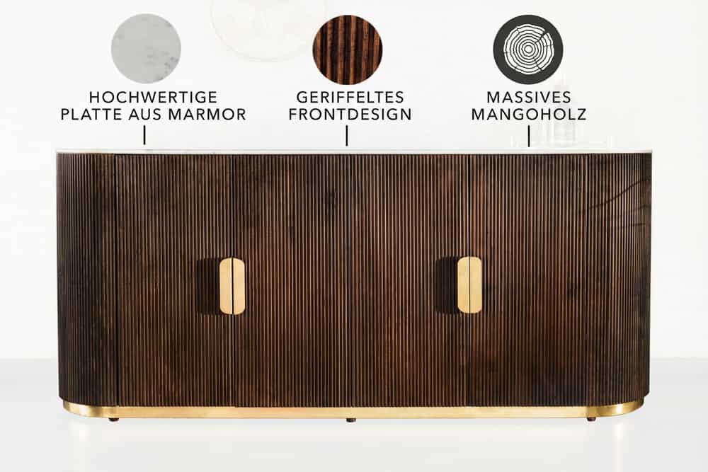Design Sideboard GATSBY 170cm braun gold Mangoholz weiße Marmorplatte