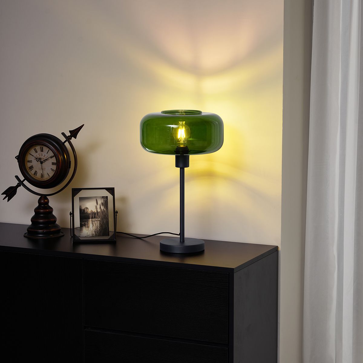 Retro tafellamp zwart met groen glas - Bizle