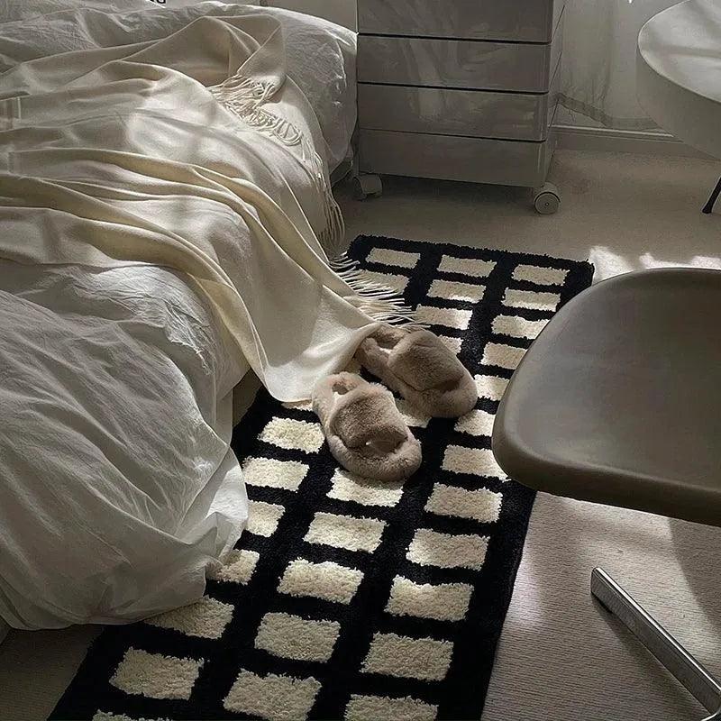 Tufting Black White Grids Bedside Rug | Geometric Soft Long Carpet | For Aesthetic Bedroom Home Decor