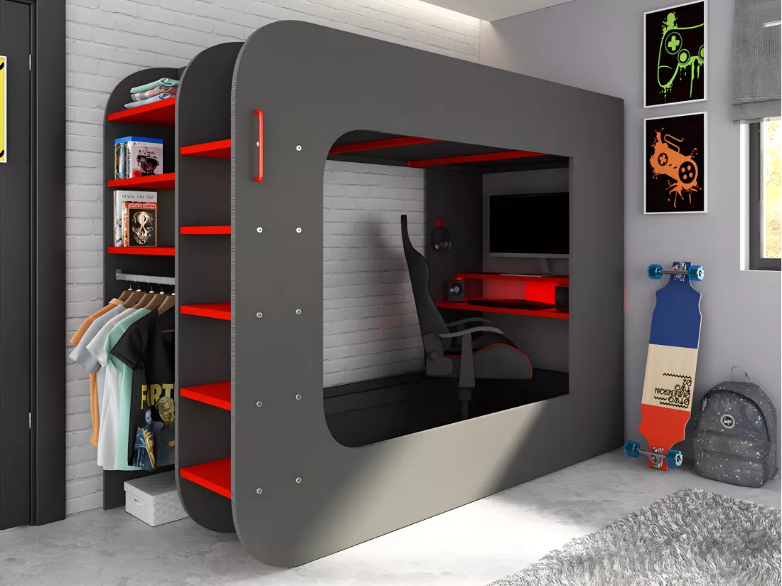Lit mezzanine gamer 90 x 200 cm - Avec bureau et rangements - Avec LEDs - Anthracite et rouge + matelas - WARRIOR