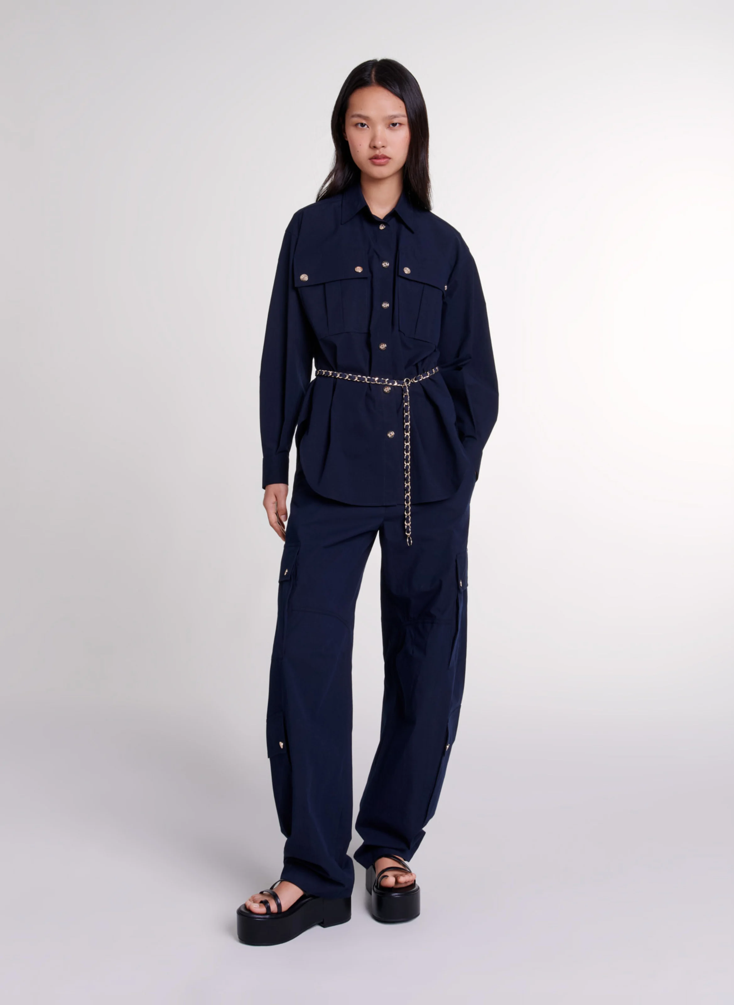Chemise oversize col classique en coton mélangé | Bleu