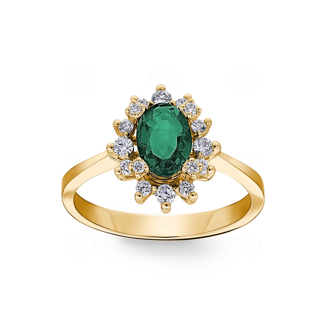 Damenring 750/18 K Gelbgold mit Diamanten 0.22 ct H/si & Smaragd 0.62 ct