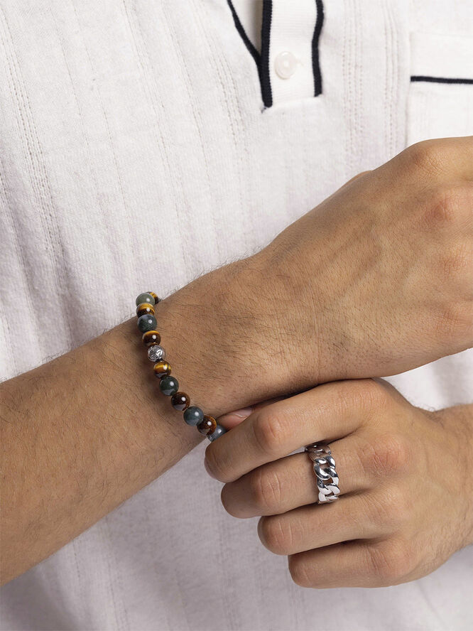 Nialaya Men's Wristband with Aquatic Agate, Brown Tiger Eye and Silv Multi