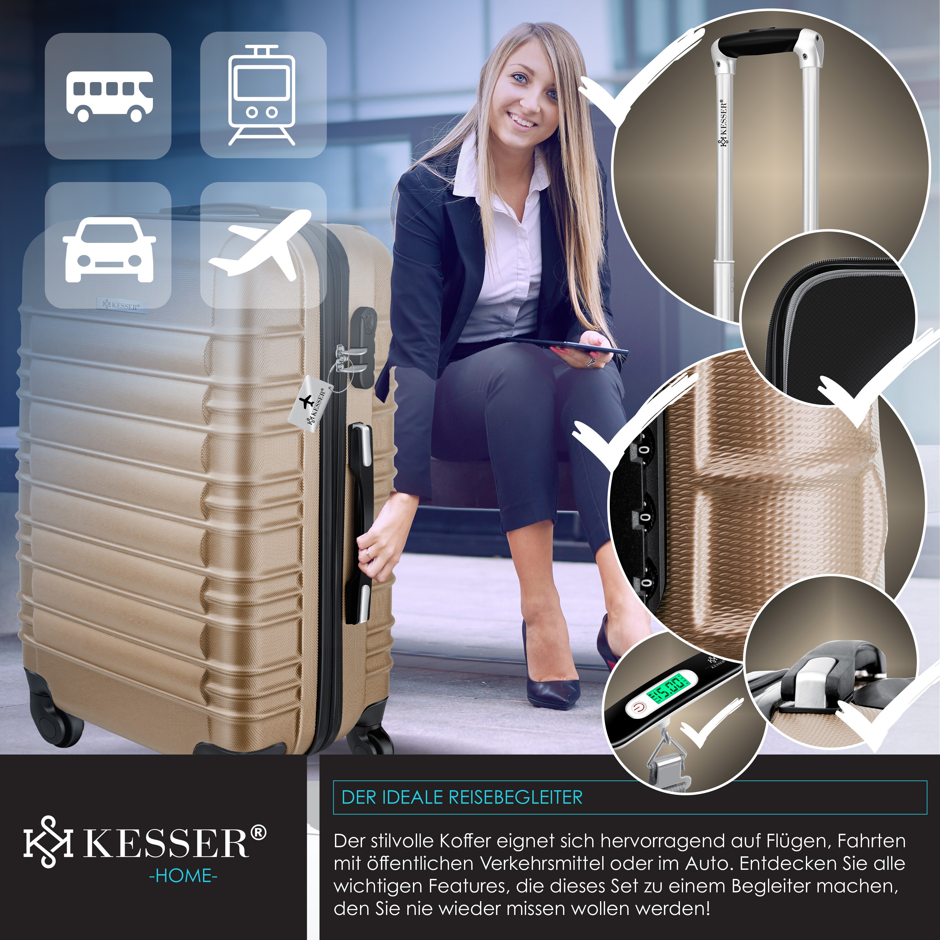 KESSER® Reisekoffer Hartschalen-Koffer Inkl. Kofferwaage + Gepäckanhänger Trolley Gepäck Rollkoffer Zahlenschloss 4 Rollen ABS-Hartschale Teleskopgriff
