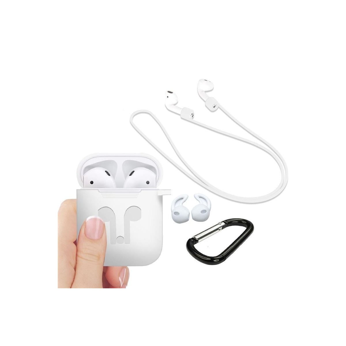 Silikonsett for Airpods, silikonetui, stropp, ørepropper i silikon, karabinkrok, hvit