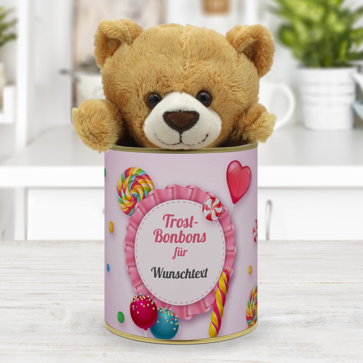 Personalisierte Geschenkdose - Teddybär (Motiv: Trost-Bonbon)