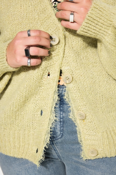 Strickjacke, oversized, Spitzenkante, Langarm