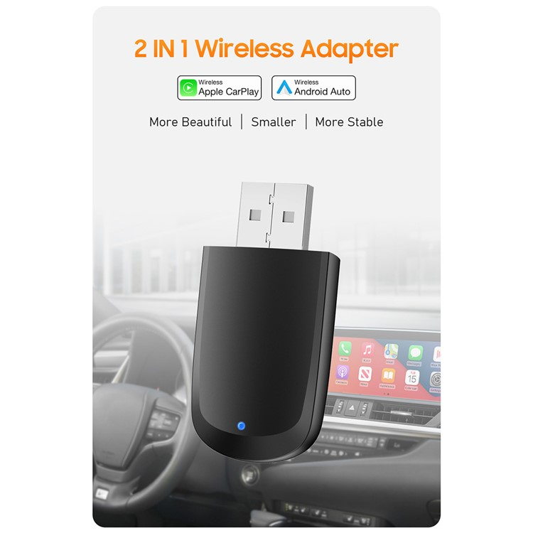 Wireless Bluetooth Android Auto / Apple Carplay KFZ USB A / USB C Adapter für Android / iOS Smartphones (Google Assistant / Siri) - Schwarz