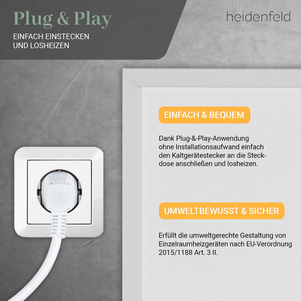 Heidenfeld Infrarotheizung HF-HP106-3, 300-1200 Watt, für 3-30 m², 10 Jahre Garantie, Fernbedienung (300 Watt)