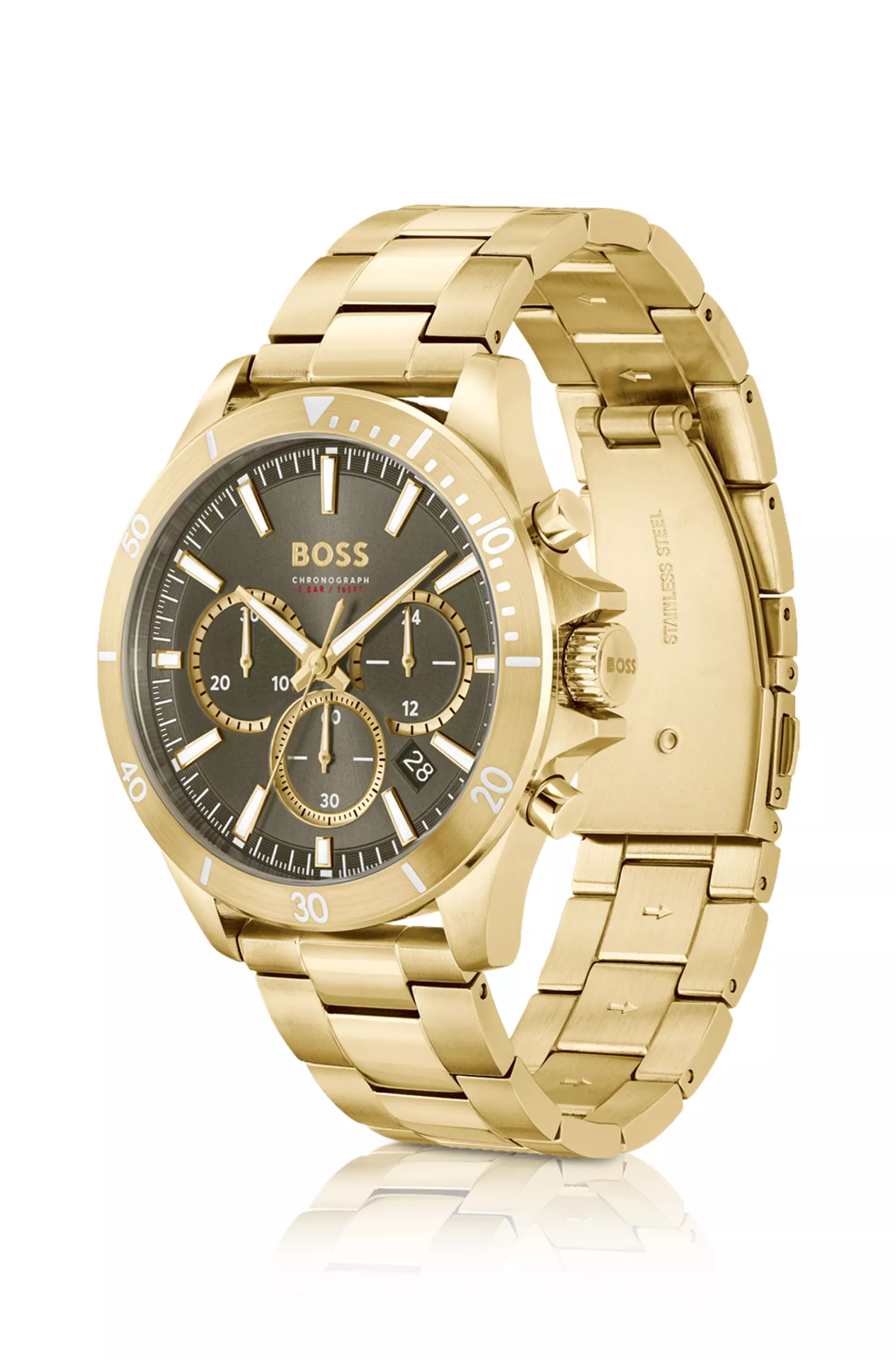 Relógio cronógrafo BOSS preto e dourado com pulseira de elos.