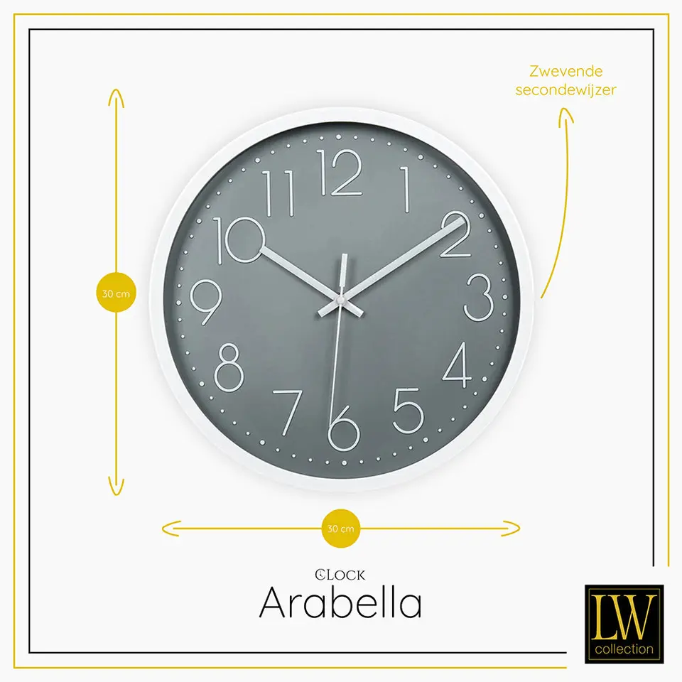 LW Collection Keukenklok Arabella grijs 30cm