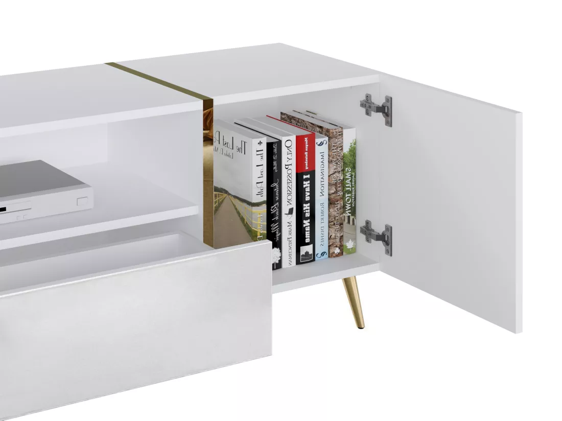 Meuble TV avec 2 portes, 1 tiroir et 1 niche - Blanc brillant et Doré - MARZIALO