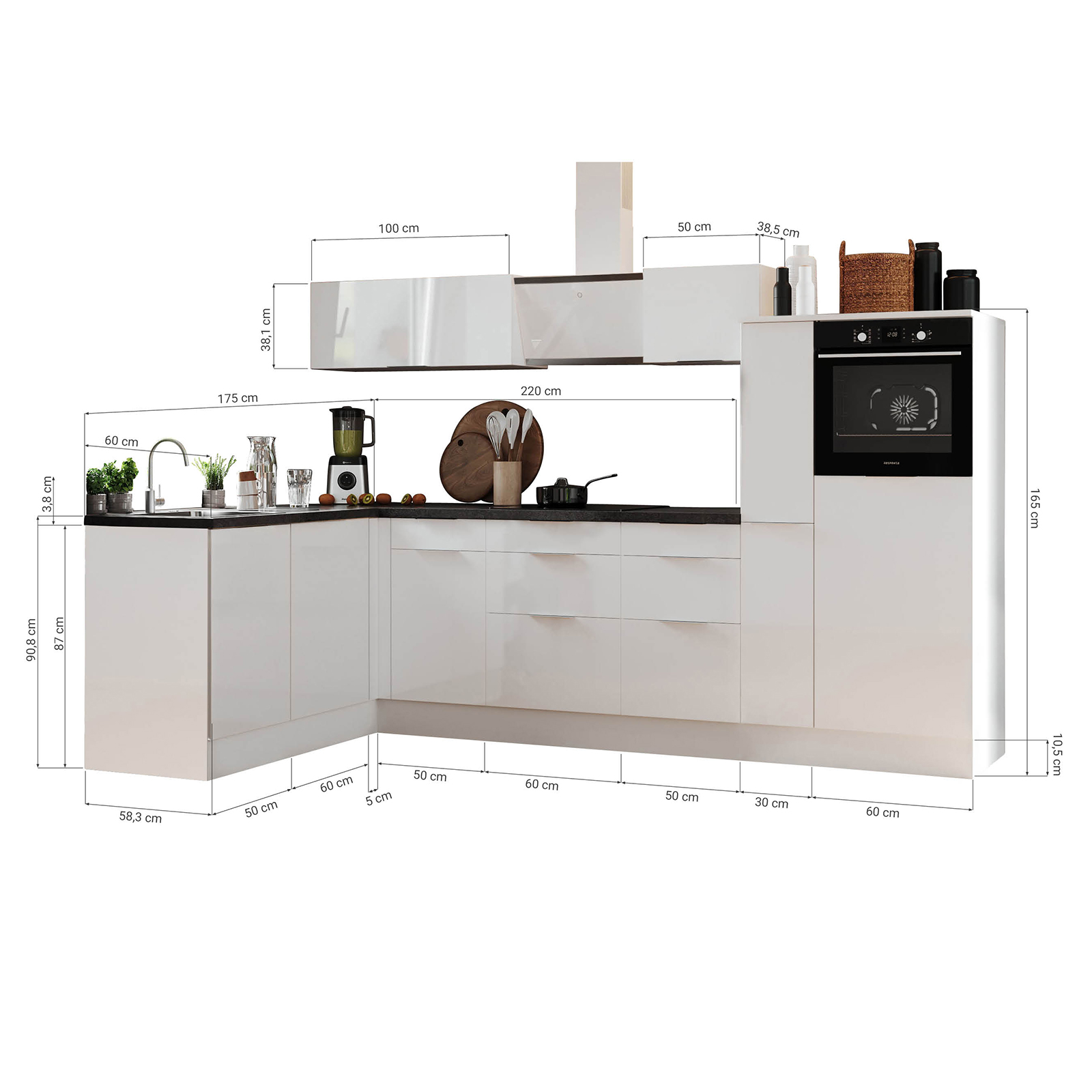 RESPEKTA Winkelküche - Artisan Eiche - weiß matt - mit E-Geräten - 310x175 cm