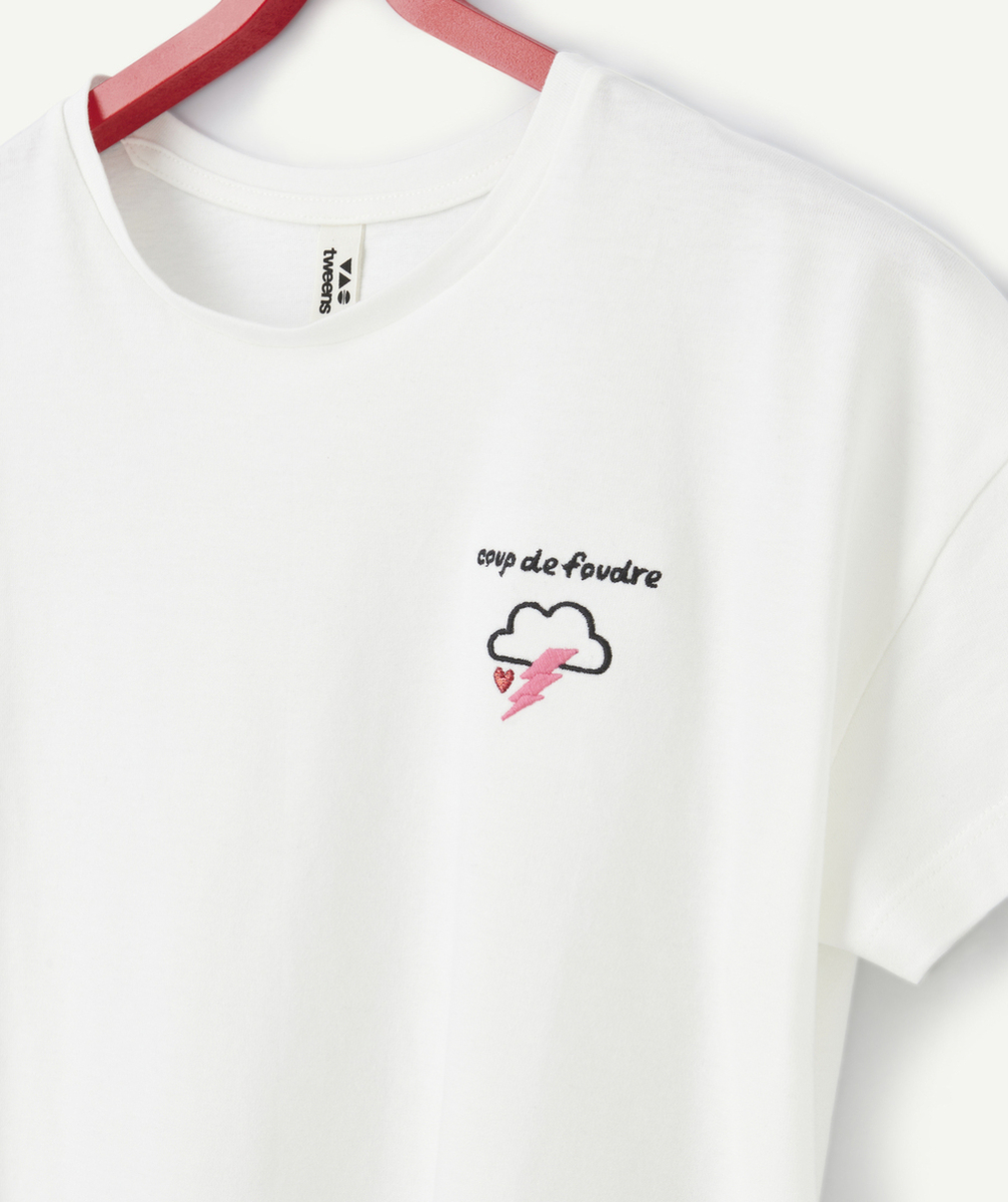 T-SHIRT MANCHES COURTES FILLE EN COTON BIO BLANC AVEC BRODERIES THÈME COUP DE FOUDRE
