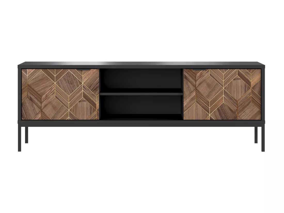 Meuble TV avec 2 portes et 2 niches - Noir et Naturel foncé - MIALINE