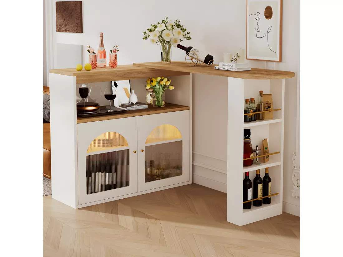 Buffet、Meuble de bar pivotant et escamotable avec LED - grand espace de rangement - style contemporain - Blanc