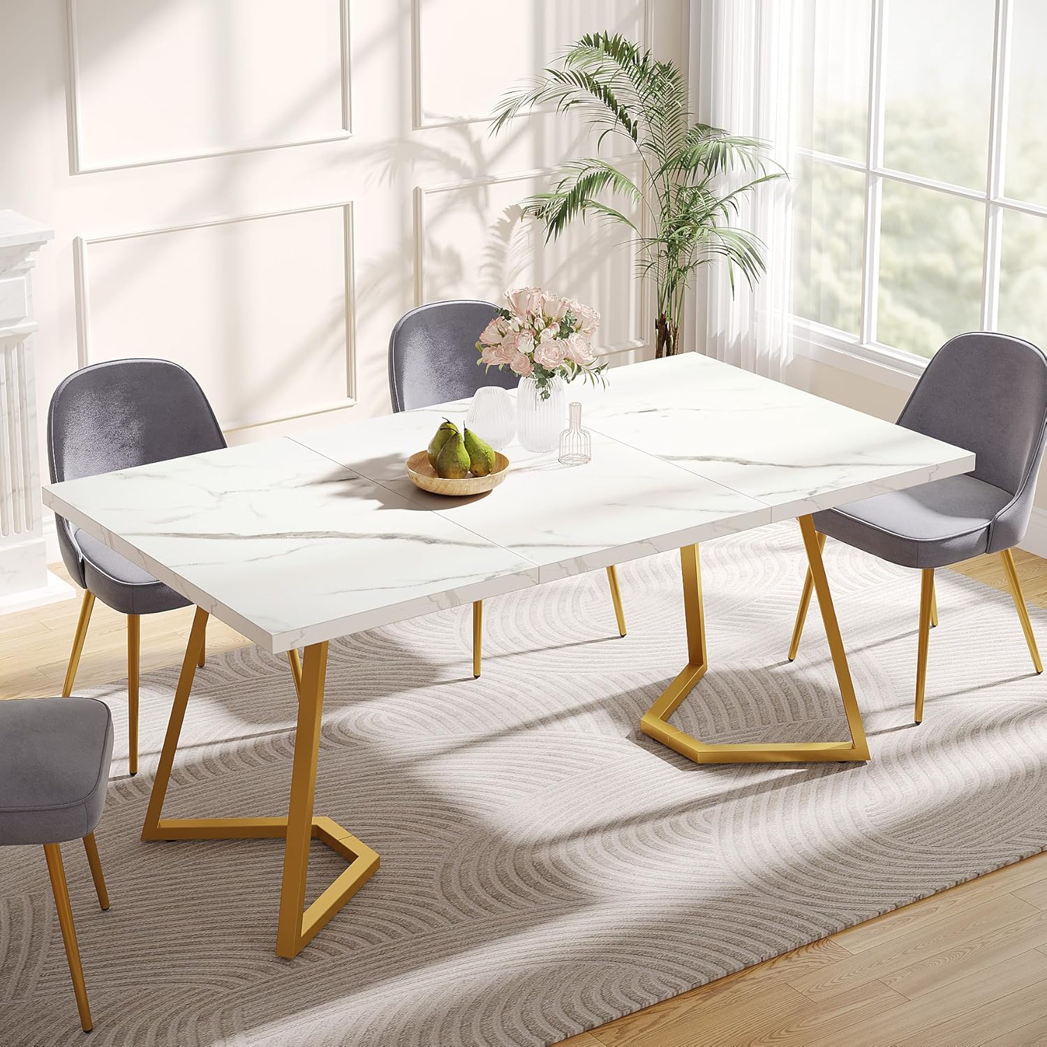 Tribesigns Moderner Goldener Esstisch,140X80 cm weißer Küchentisch mit goldfarbenen Metallbeinen, künstlicher Marmor, Kleiner Esszimmer-Küchentisch für 4-6 Personen, rechteckiger Esstisch für Wohnung HV0886085