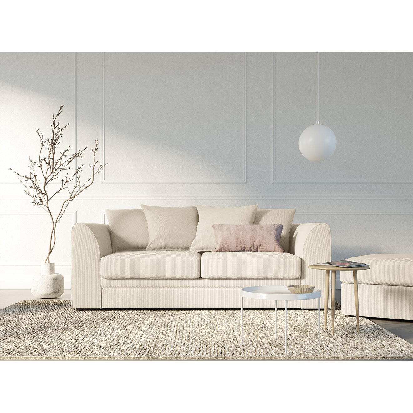 Mazzini Sofas Canapé Quince Velours côtelé 3 Places beige clair - 182x92x80 cm
