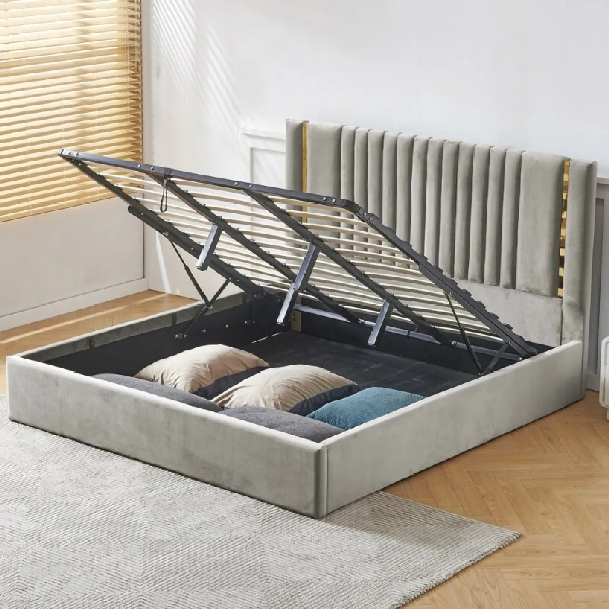 MEUBLER DESIGN Lit Coffre Kaufman - Velours Gris 180x200 cm