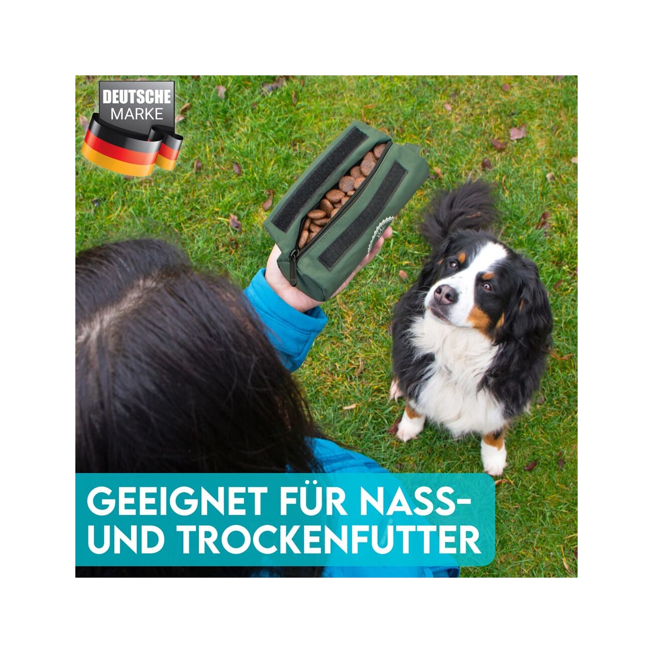 HUND IST KÖNIG ® Futterbeutel Hund | Futterdummy Hunde | Apportierbeutel für Hunde mit Handschlaufe dunkles olivgrün