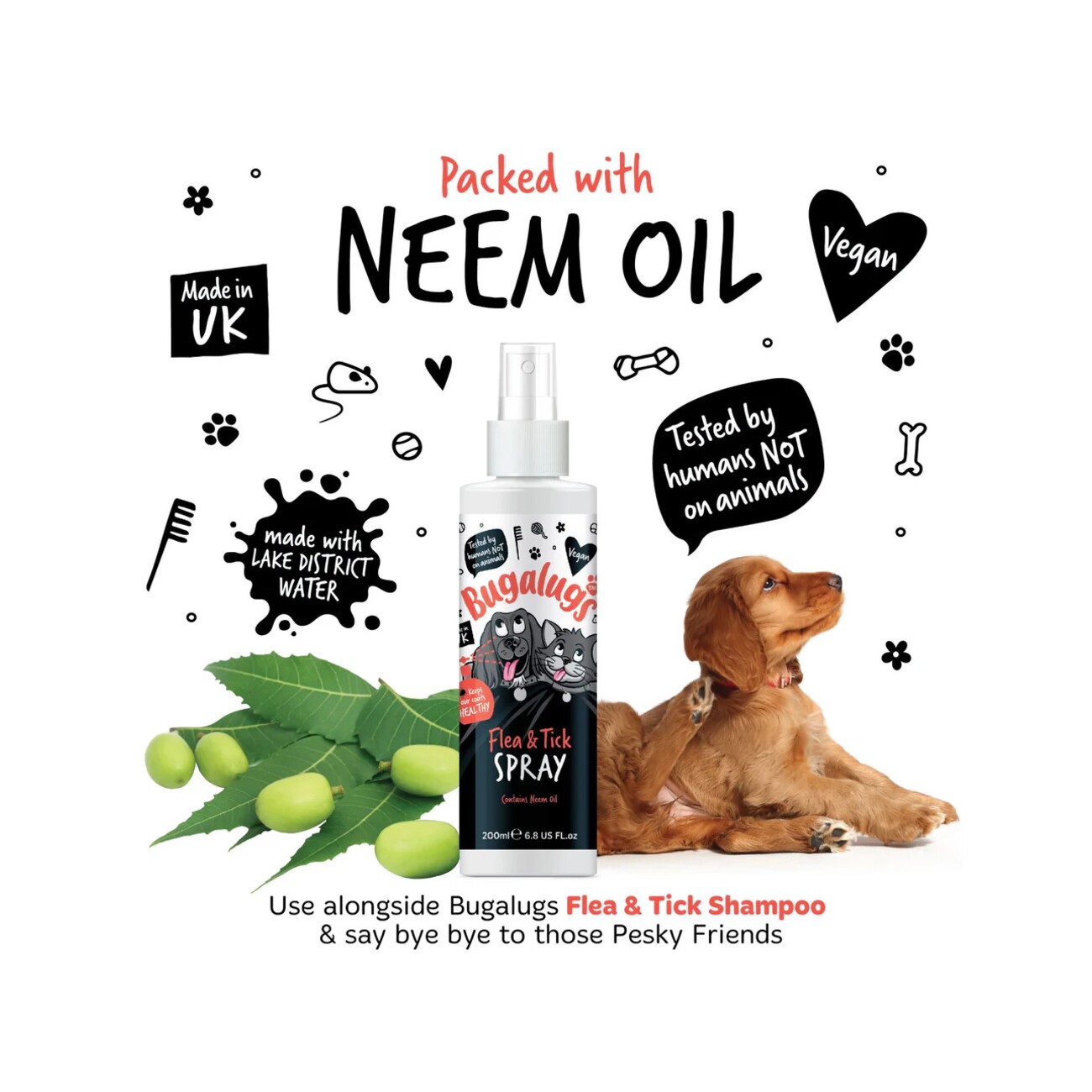 Bugalugs Floh- und Zeckenspray für Hunde & Katzen mit Neemöl 200 ml