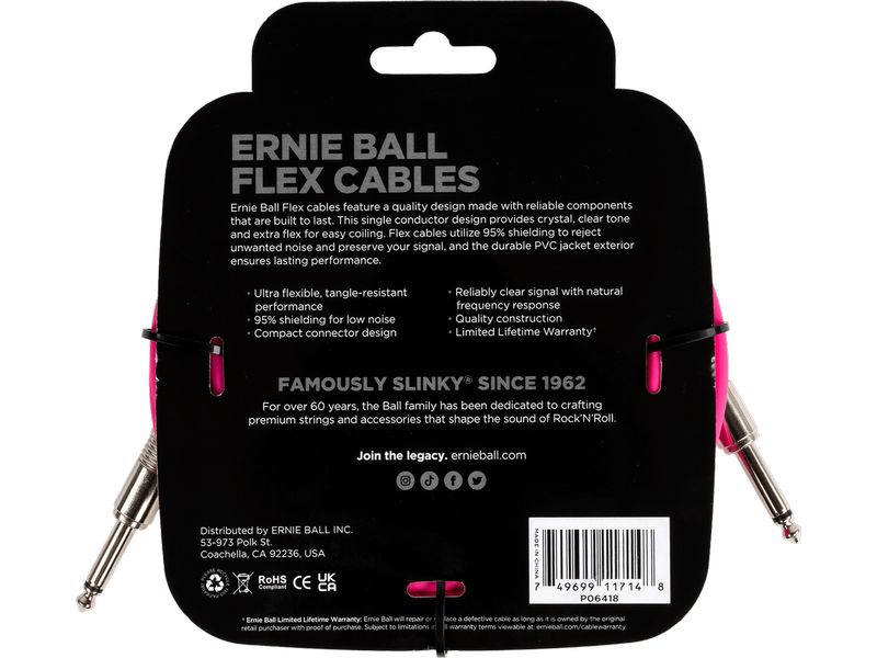 Ernie Ball Instrumentenkabel Flex 6418 – 6.09 m, Pink Flexibles Standardkabel für Instrumente