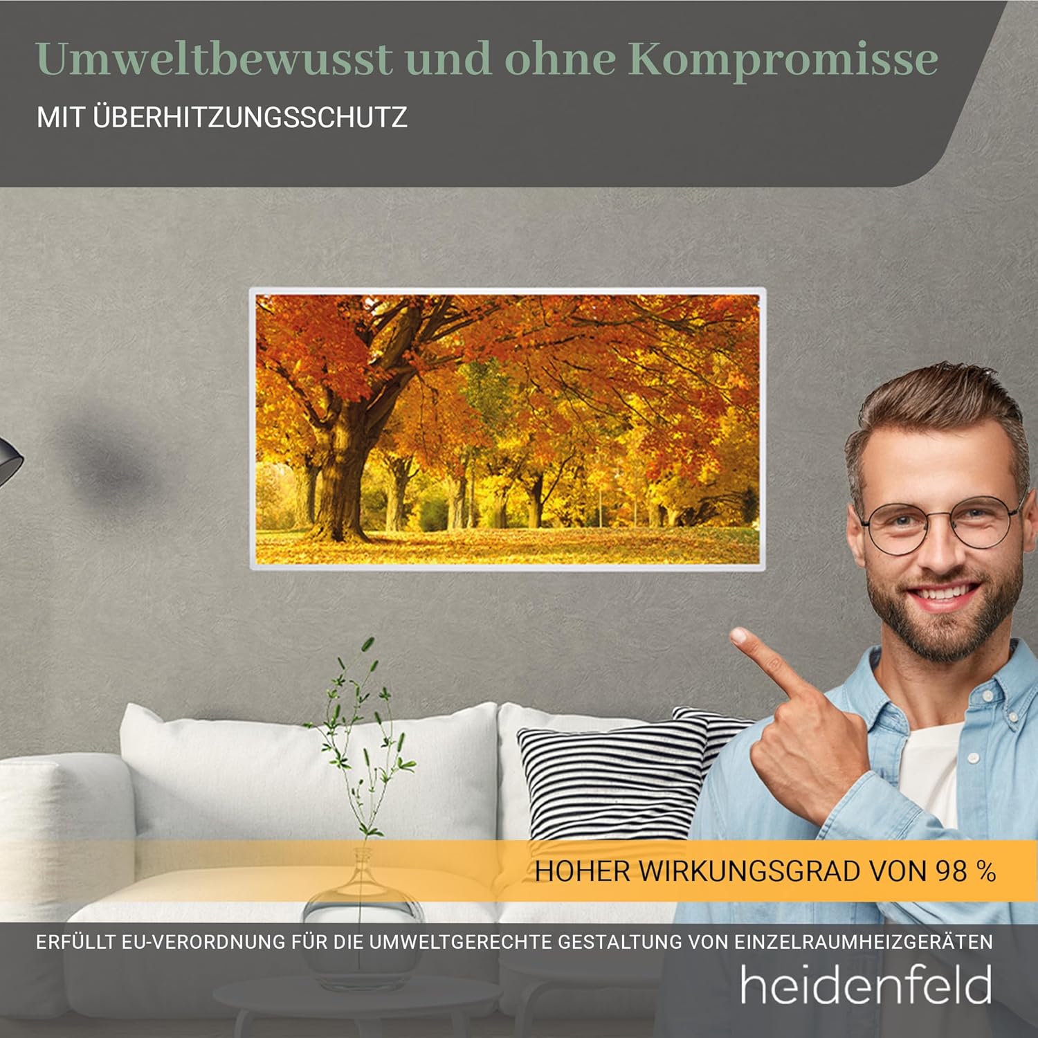 Heidenfeld Infrarotheizung HF-HP105 |    - 1000 Watt - Bis 25 m² - Infrarot Heizkörper - Elektroheizung mit Thermostat - Überhitzungsschutz (1000 Watt, Strand)