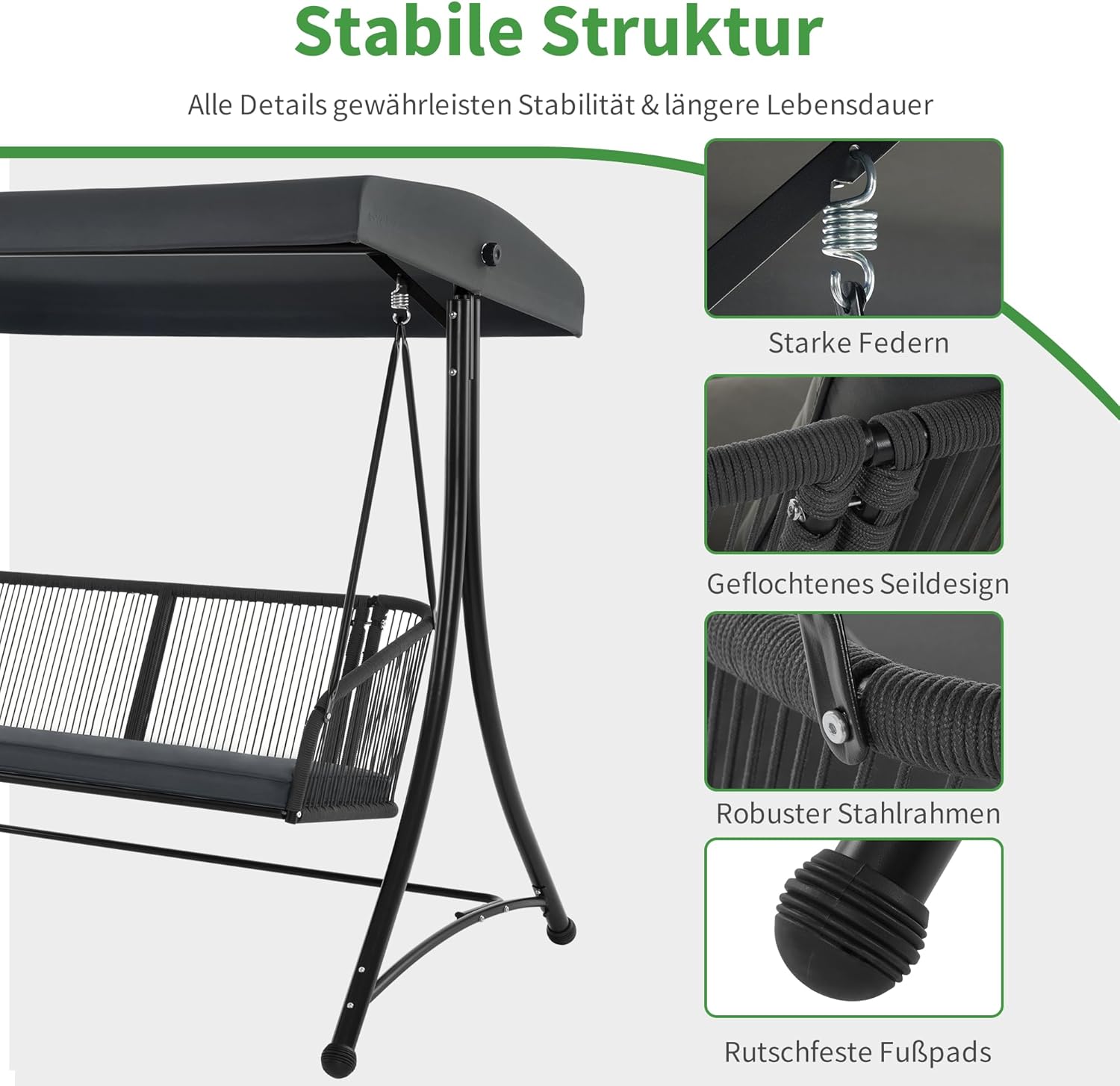 M MCombo Hollywoodschaukel 3-Sitzer, Gartenschaukel mit Verstellbarem Sonnendach, Schaukelbank Outdoor, Gartenliege Wetterfest, Sitzbezug Abwaschbar 8026DEY (Dunkgelgrau)