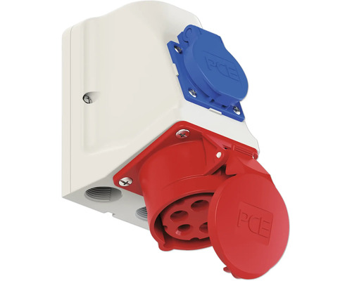 CEE wandcontactdoos PCE Combo 16A IP44 5-polig grijs/rood/blauw
