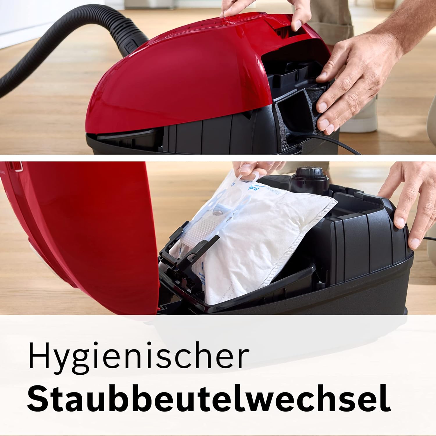 Bosch Hausgeräte Staubsauger mit Beutel Serie 4 BGD38RD1H, nachhaltig, Hygiene-Filter, 10 Jahre Motorgarantie, Hartbodendüse, Zubehör-Clip, Polsterdüse, Fugendüse, hohe Saugkraft, 600 W, rot