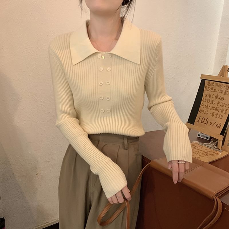 Ukiyo - Lange mouwen, kraag, effen geribbelde gebreide crop top