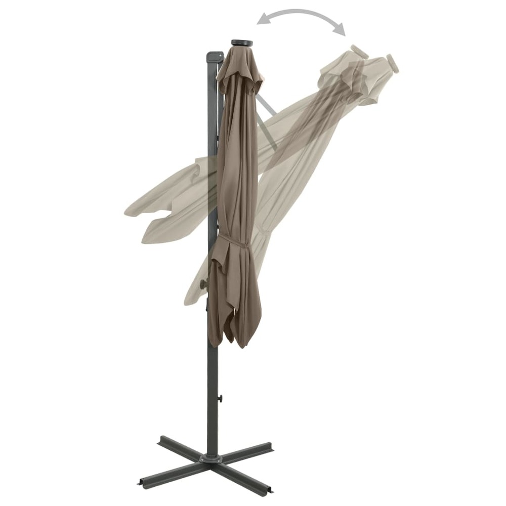 Parasol meuble de jardin déporté avec mât et lumières led 250 cm taupe