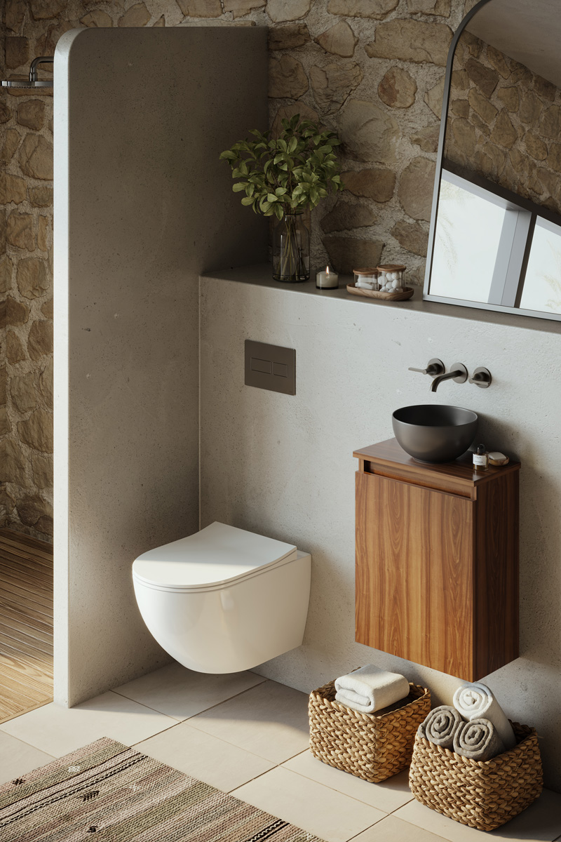 Fontana Bano toiletmeubel walnoot 40x22cm met mat zwarte waskom