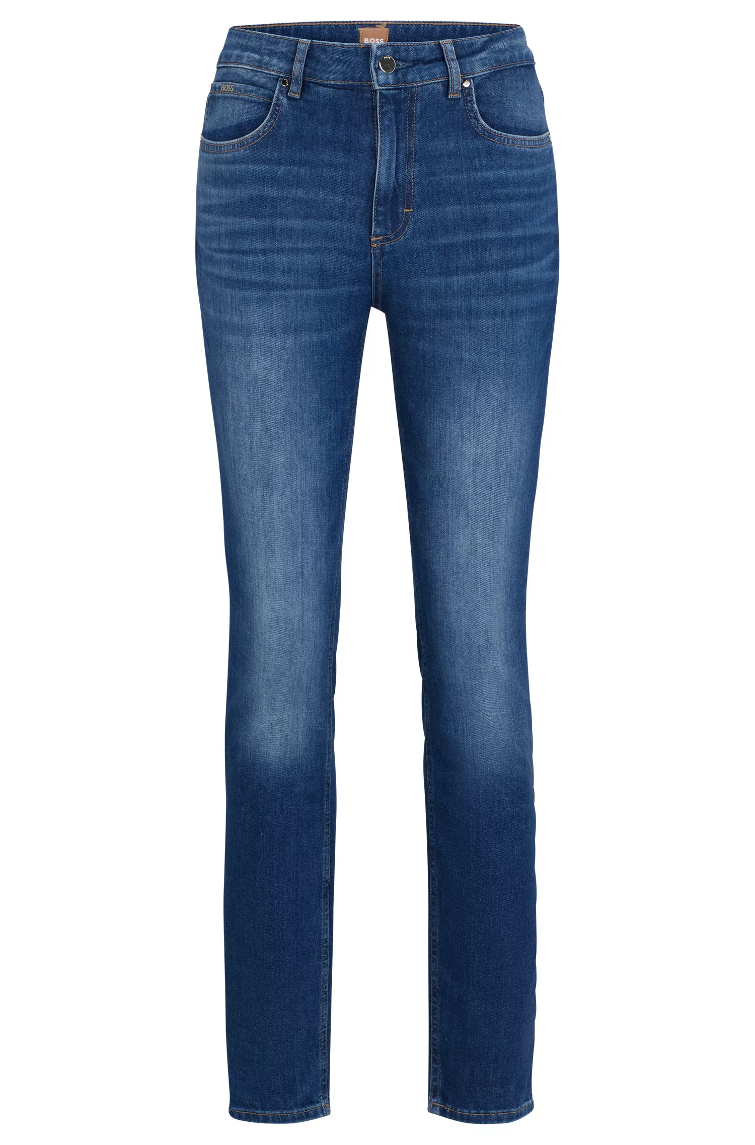 Calça jeans BOSS preta, corte slim, em denim italiano azul com toque de cashmere.